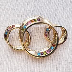 Butler Brooch Triple Circles White &‎ Multi Rhinestone Gold Tone Signed 3"